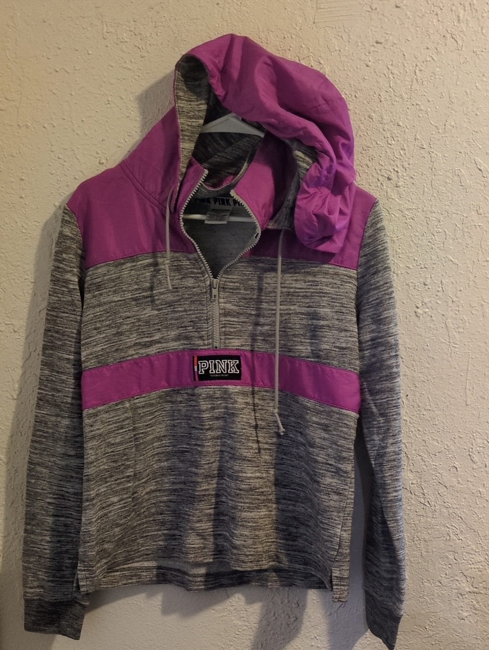 PINK Victoria's Secret Gray & Pink Hooded Half-Zip Pullover